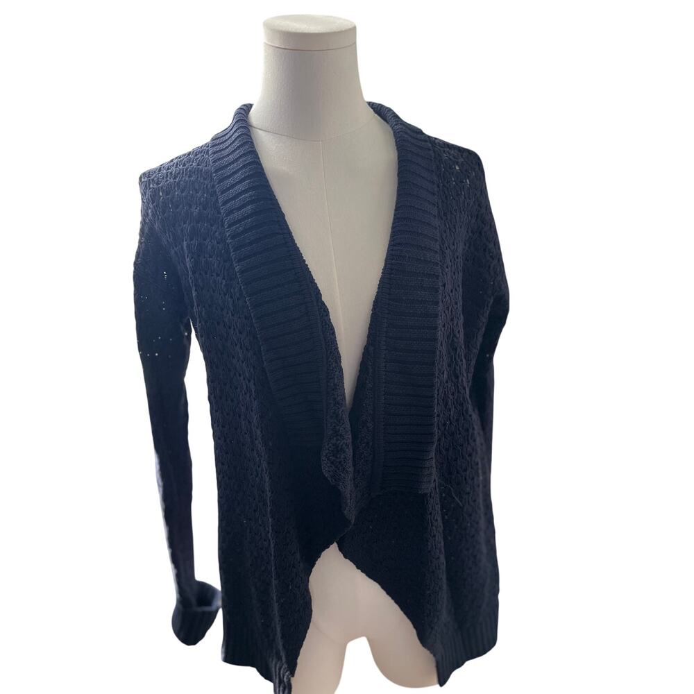 LOFT Navy Cotton Cardigan Small Open Knit Shawl Collar‎ Lightweight Fall Sweater